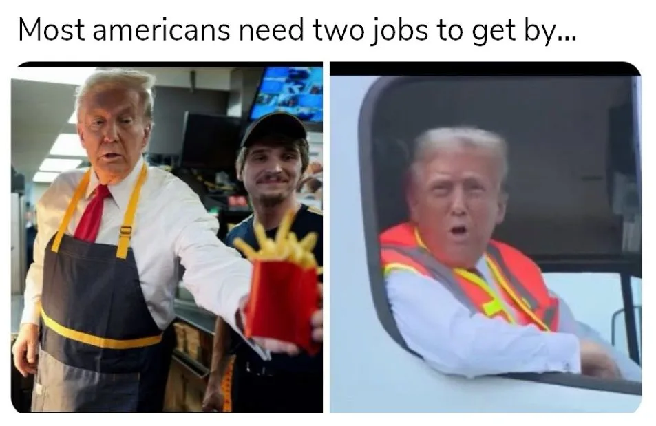 The image is split into two panels. Left: Donald Trump in a fast-food worker's apron holding a fries container, with a…