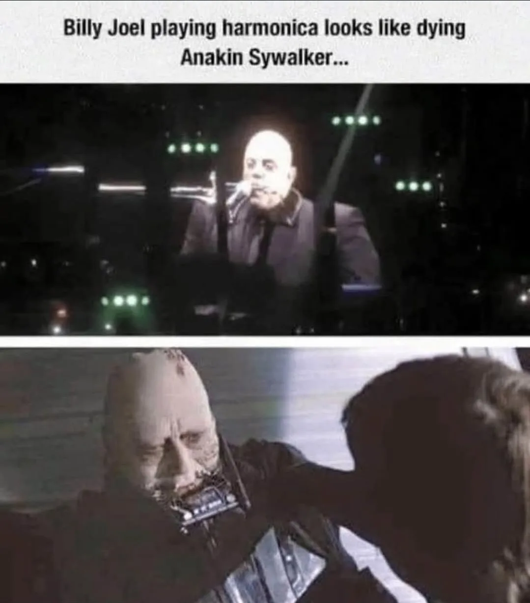 The top panel shows Billy Joel on stage, bald, pale, and looking exhausted while playing a harmonica. The bottom panel shows…