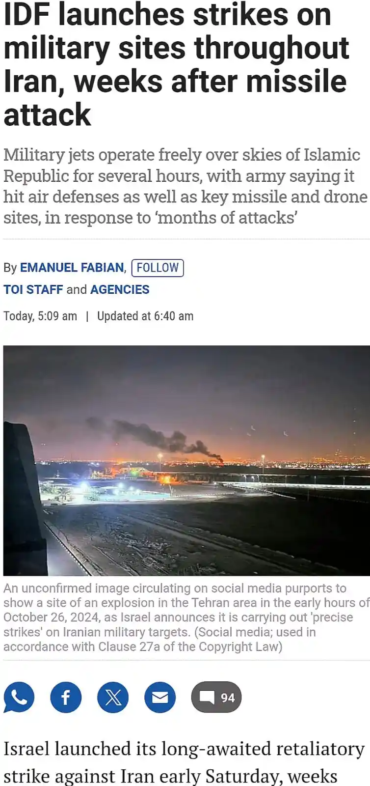 A screenshot of a news article from The Times of Israel shows a nighttime photo of an explosion with smoke rising over a…