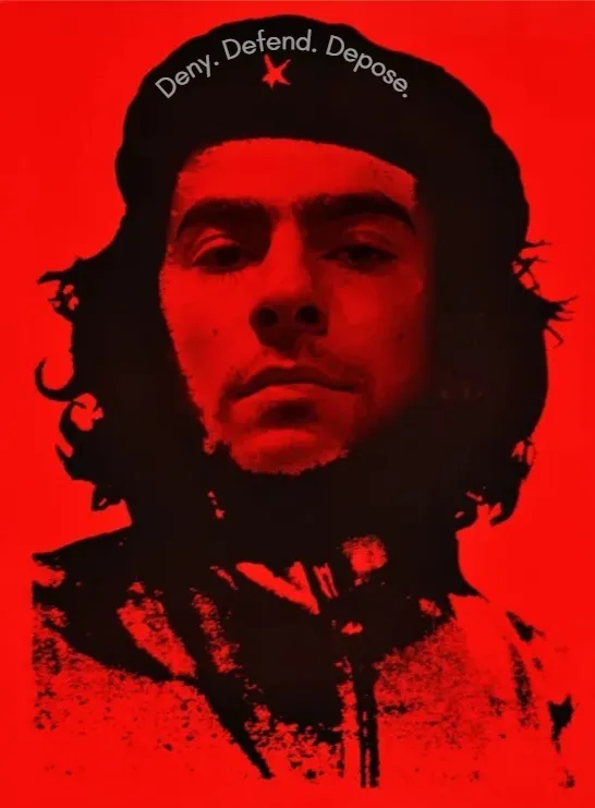 A stylized, high-contrast red-and-black portrait of Che Guevara wearing a beret with a red star, overlaid with the text…