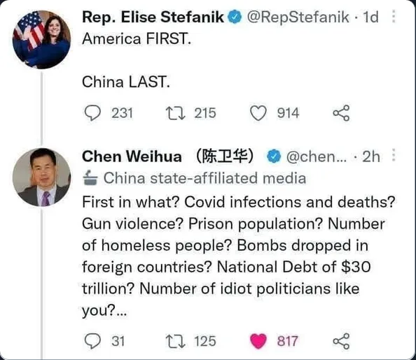 A screenshot of two Twitter/X replies. The first, from Rep. Elise Stefanik, says 'America FIRST. China LAST.' The second…