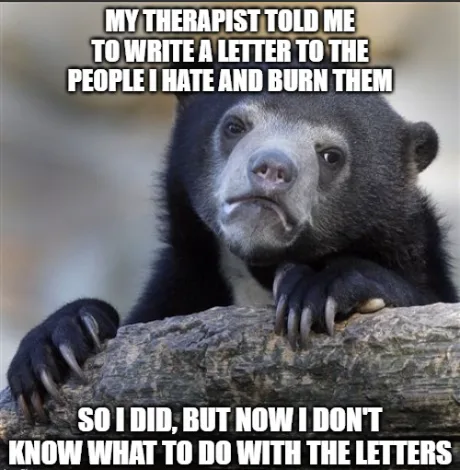 A black bear with a pensive, slightly confused expression rests its paws on a log. The text overlaid in white capital…