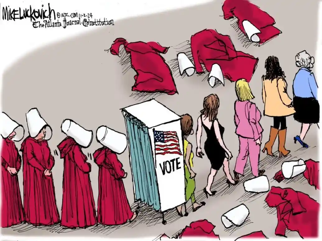 A political cartoon shows women in red robes and white bonnets standing in line at a voting booth marked with an American…