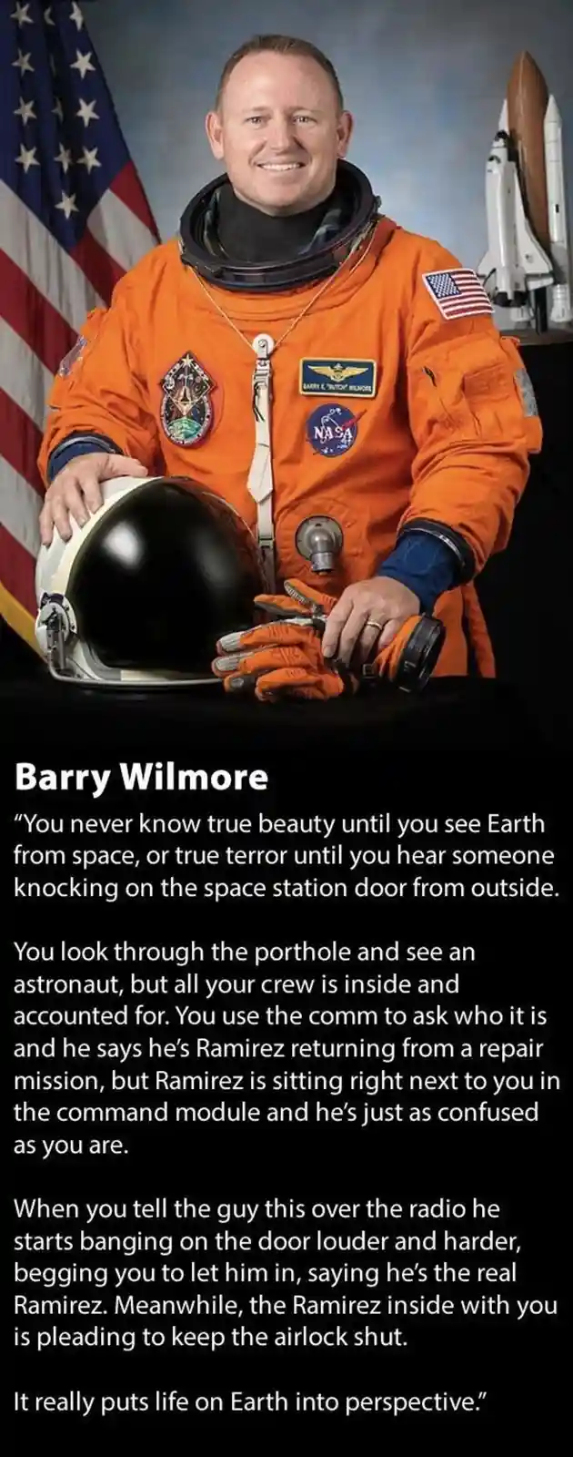 A formal NASA astronaut portrait of Barry Wilmore in an orange spacesuit, holding his helmet, with an American flag and a…