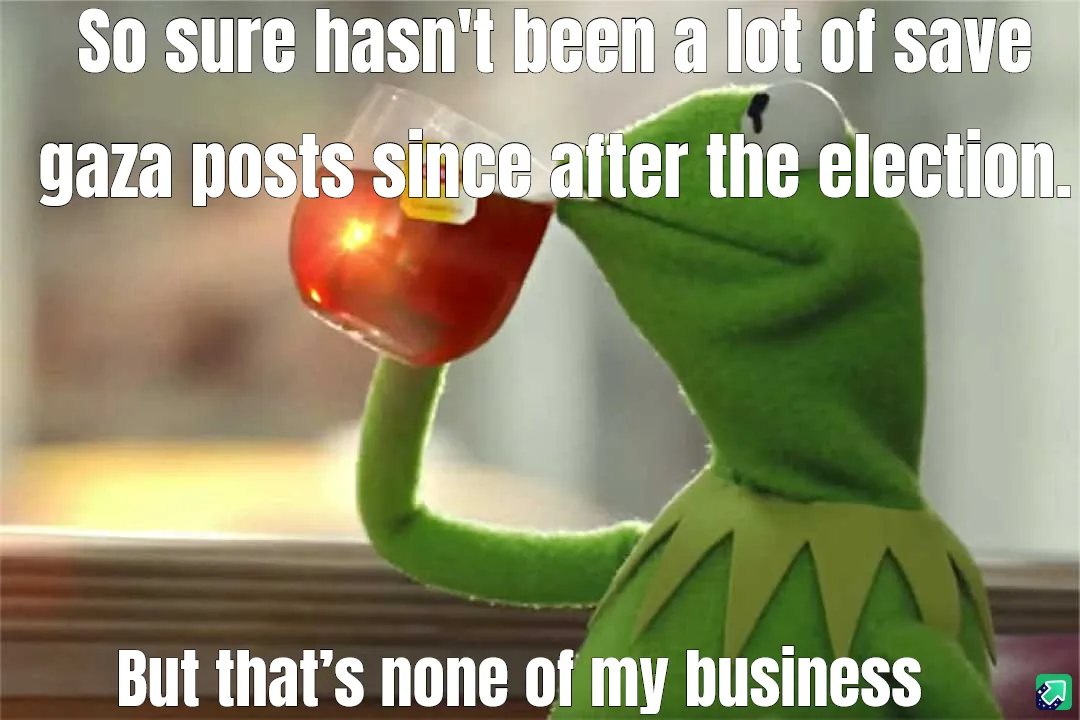 A green frog puppet, Kermit the Frog, is shown drinking from a glass of red liquid while looking away. White text overlaid…