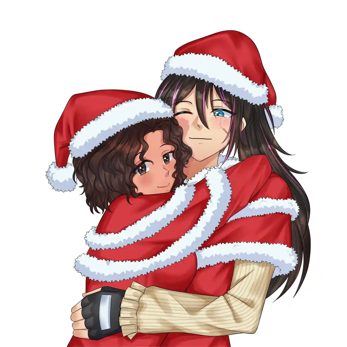 Two anime-style characters in red and white Santa outfits are hugging. The taller character has long dark hair with purple…