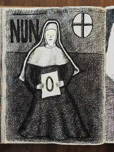 A hand-drawn black-and-white illustration depicts a nun in a traditional habit standing in a dimly lit room with a…