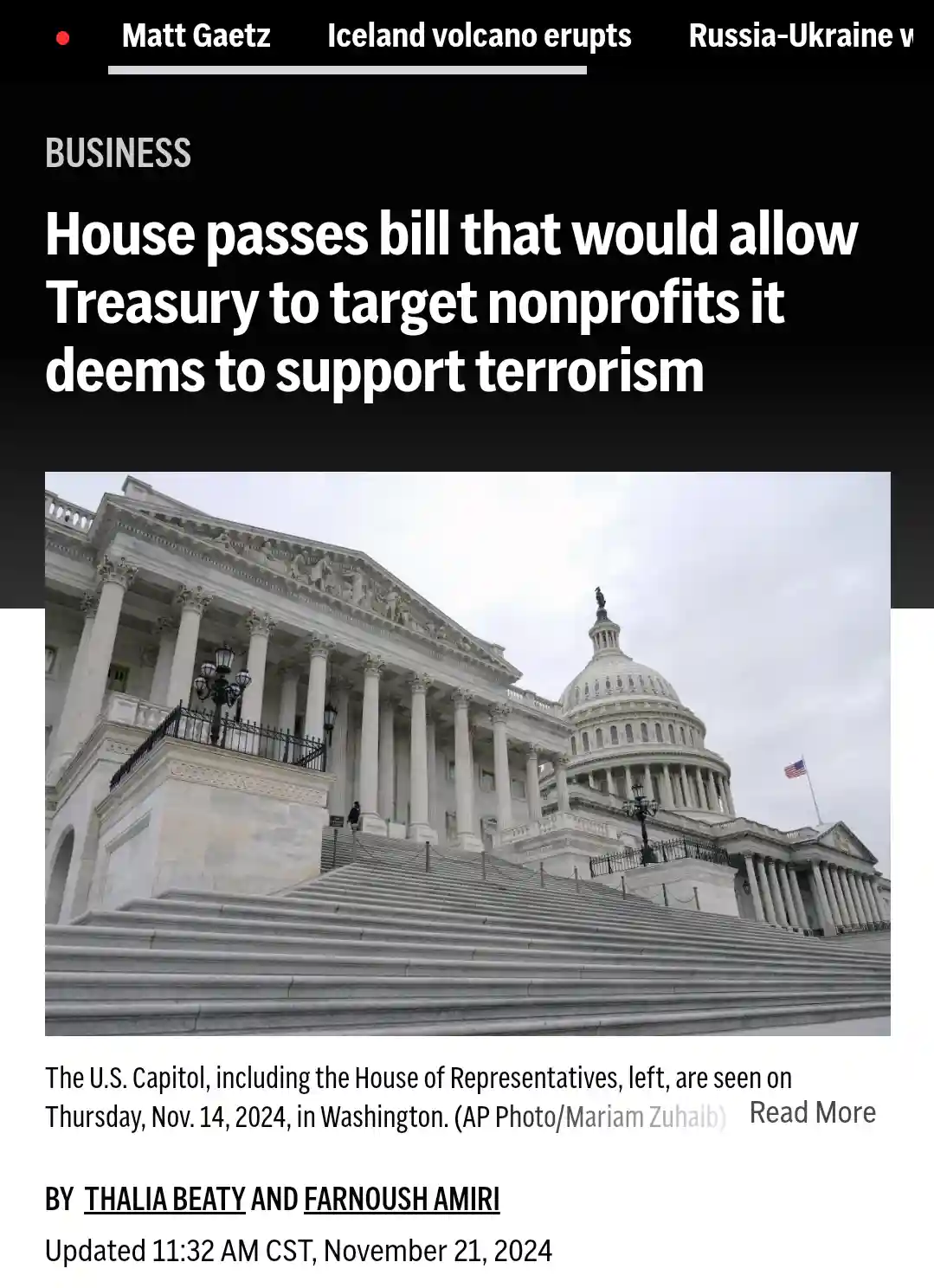 A screenshot of a news article shows the U.S. Capitol building under an overcast sky. The headline reads 'House passes bill…