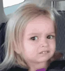The image displays six nearly identical photos of a young blonde child with a skeptical, unimpressed facial expression…
