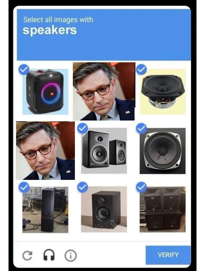 A CAPTCHA-style interface asks users to 'Select all images with speakers,' and all nine images—including multiple actual…