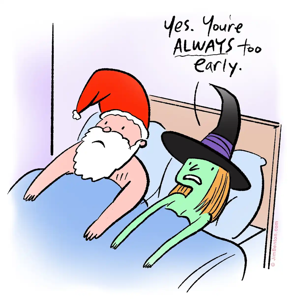 A cartoon depicts Santa Claus and a green-skinned witch in bed, both under blue blankets. Santa sleeps peacefully in his red…