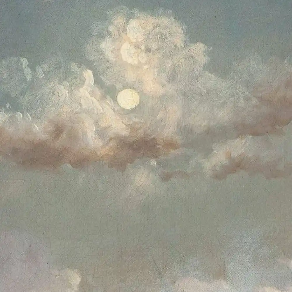 A vintage-style painting depicts a pale yellow moon partially obscured by soft, textured clouds in a muted sky. Overlaid…