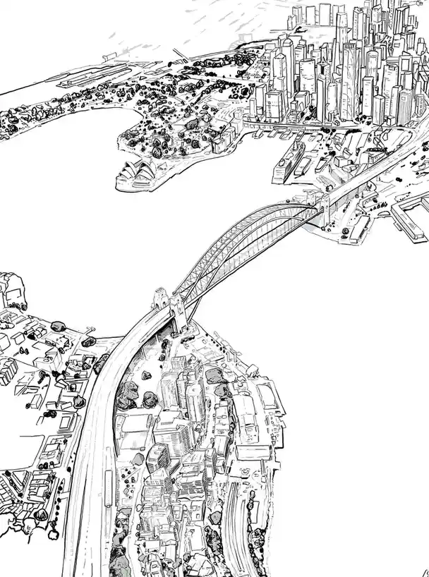 A black-and-white line drawing shows a bird's-eye view of Sydney, Australia, featuring the iconic Sydney Harbour Bridge…