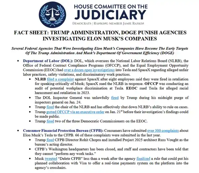 A fact sheet from the House Committee on the Judiciary titled 'FACT SHEET: TRUMP ADMINISTRATION, DOGE PUNISH AGENCIES…