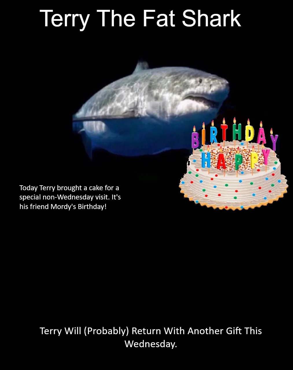 A large, blurry image of a shark, labeled 'Terry The Fat Shark,' is shown in the background with a brightly colored birthday…