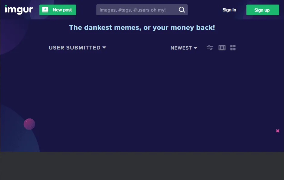 The image displays the homepage of the Imgur website, featuring a dark blue background with the Imgur logo in the top left…
