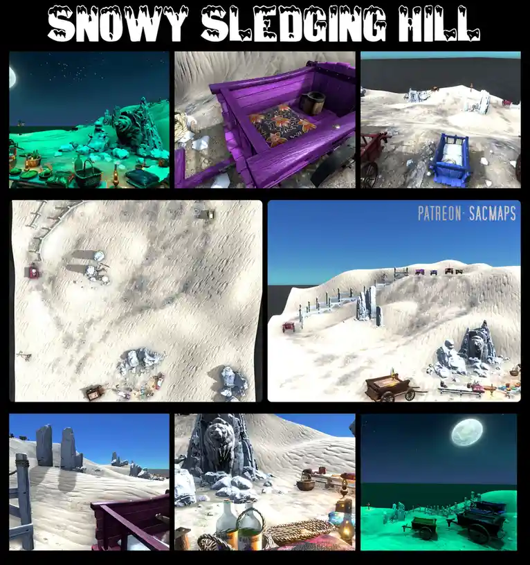 A collage of seven screenshots from a virtual world showing a desert landscape with sand dunes, stone structures, and…