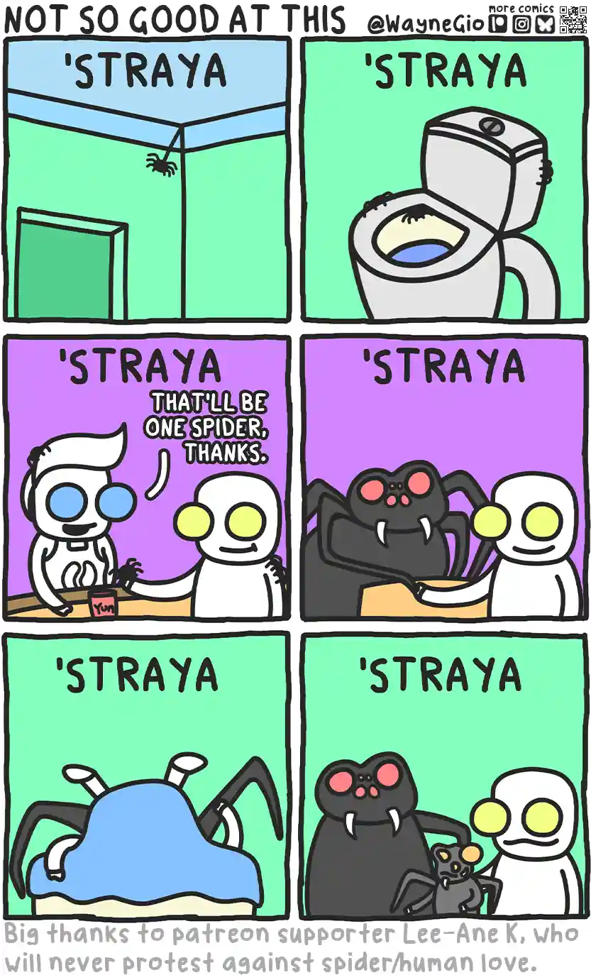 A six-panel comic strip titled 'NOT SO GOOD AT THIS' by @WayneGio, showing a character's escalating horror as they encounter…