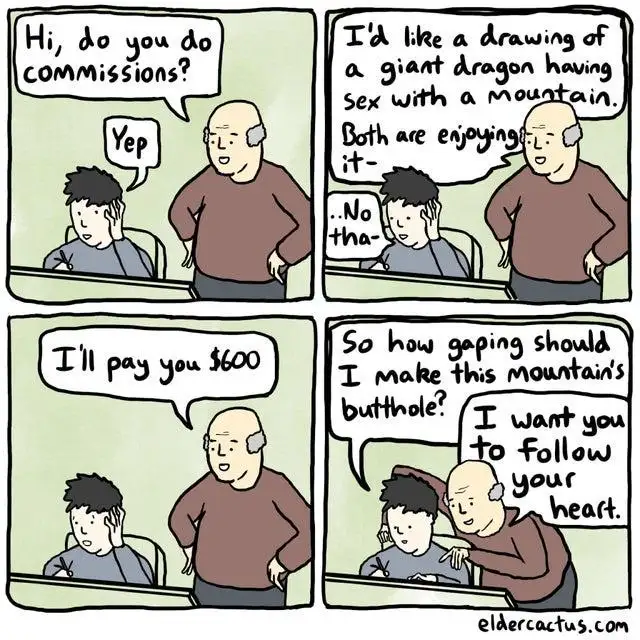 A four-panel comic shows an elderly man asking a young artist for a commission. He requests a drawing of a giant dragon…