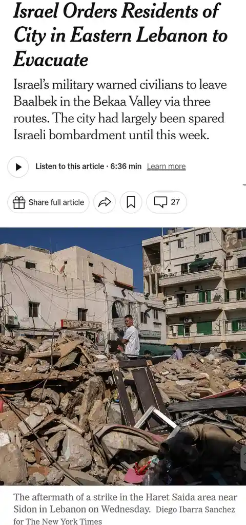 A news article screenshot shows a headline about Israel ordering evacuations in Baalbek, Lebanon, above a photo of rubble…