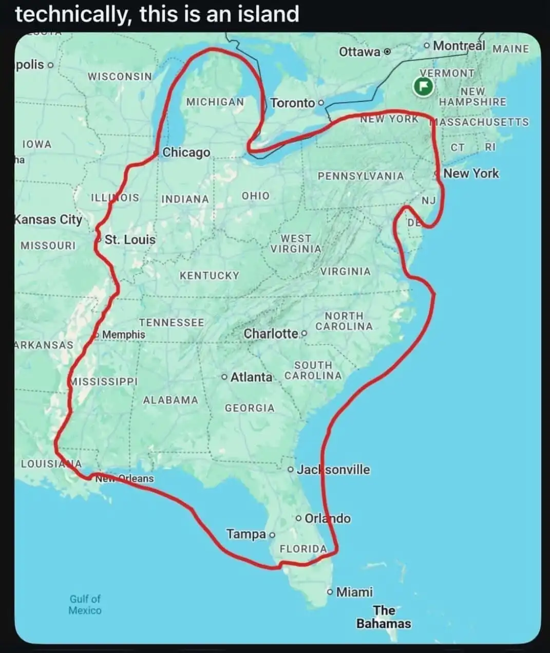 A map of the eastern United States with a red line drawn around states from Maine to Florida, enclosing major cities like…