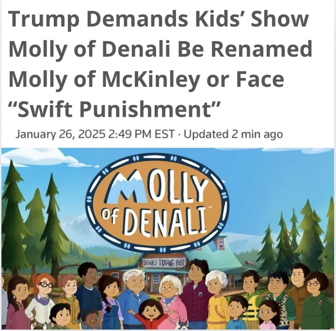 The image displays a screenshot of a news article headline that reads 'Trump Demands Kids' Show Molly of Denali Be Renamed…