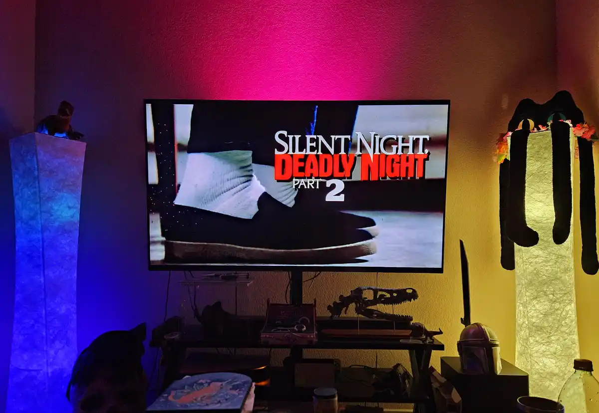 A TV displays the title card for 'Silent Night Deadly Night Part 2' featuring a close-up of a foot in a black shoe. The room…