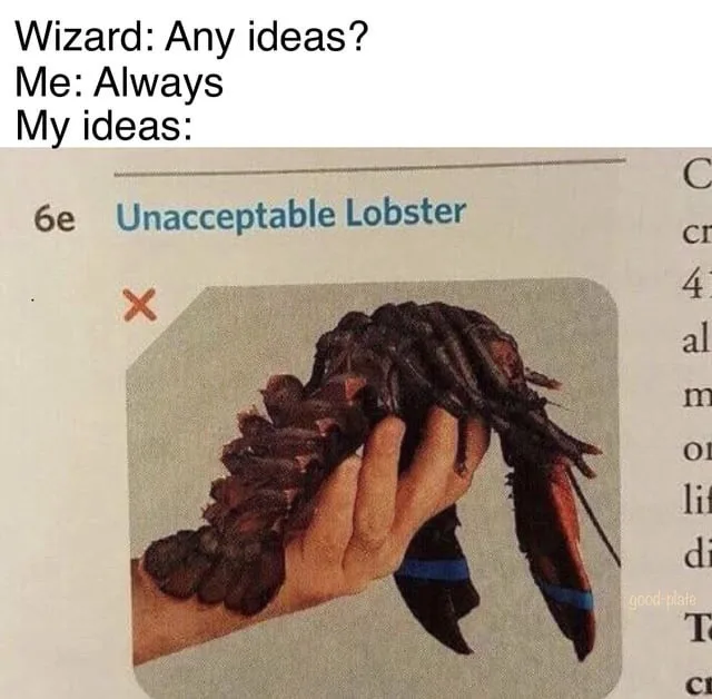 The image shows a hand holding a lobster with blue bands on its claws, labeled 'Unacceptable Lobster' with a red 'X' mark…