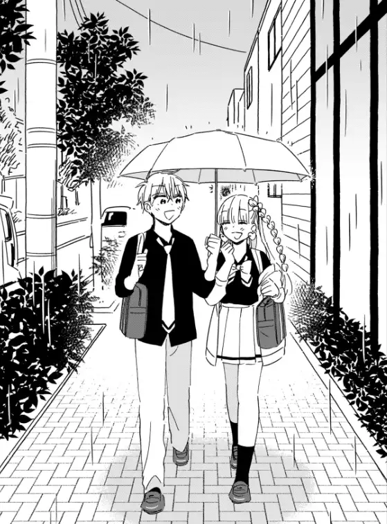 A black-and-white manga-style illustration shows two smiling teenagers, a boy and a girl in school uniforms, walking…