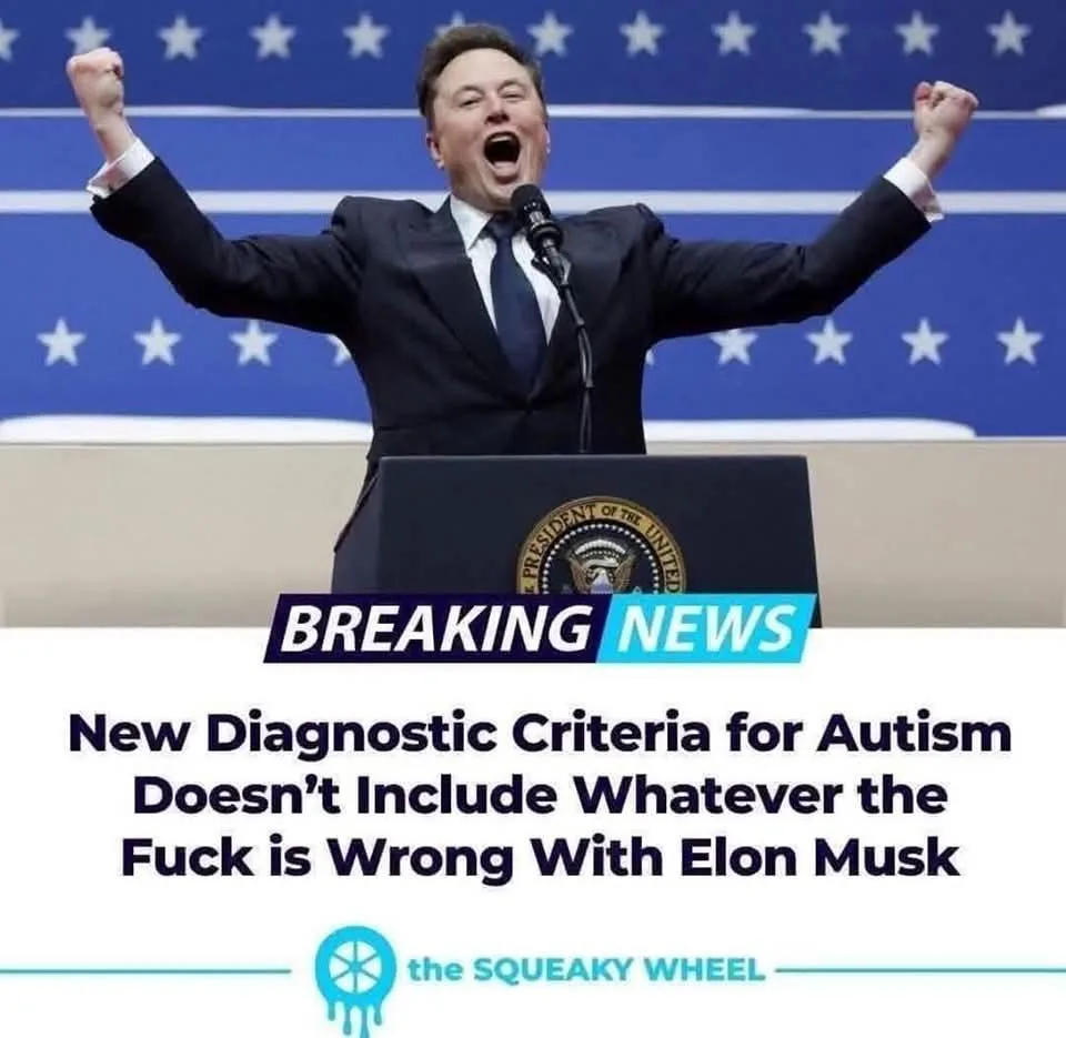 A man in a dark suit and tie stands behind a podium with the Presidential Seal, arms raised in triumph, mouth open as if…