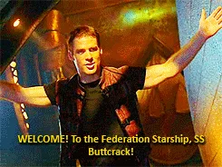 A sequence of six images shows a man in a sci-fi setting, initially facing forward with arms outstretched in a welcoming…