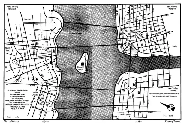 A black-and-white map of the fictional city of Tredroy, labeled with districts like Downtown, Jewish Quarter, and Chinatown…