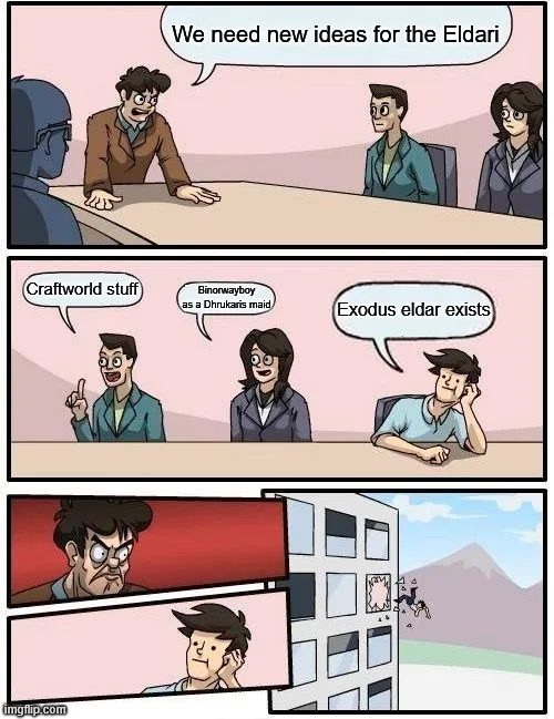 A three-panel comic shows a meeting where a boss asks for new Eldari ideas. Two employees suggest 'Craftworld stuff' and…