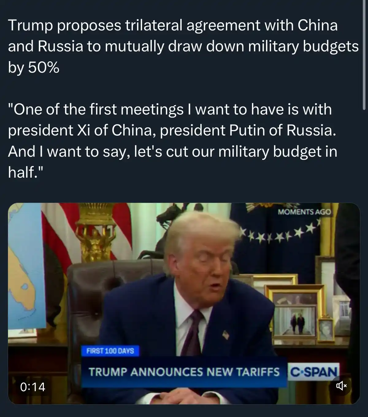 A screenshot from a C-SPAN broadcast shows Donald Trump seated at a desk in an office, speaking with a serious expression…