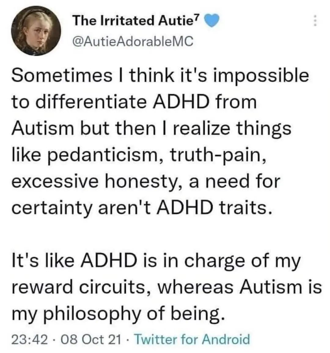 A screenshot of a tweet from 'The Irritated Autie⁷' (@AutieAdorableMC) dated October 8, 2021, discussing the overlap and…