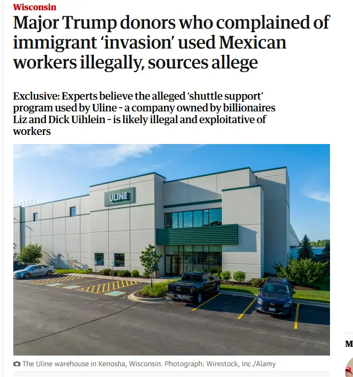 A news article screenshot shows a photo of a modern Uline warehouse in Kenosha, Wisconsin, with cars parked in front. The…