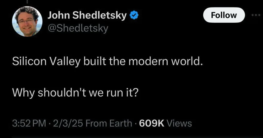 A screenshot of a tweet by verified user John Shedletsky (@Shedletsky) showing the text 'Silicon Valley built the modern…