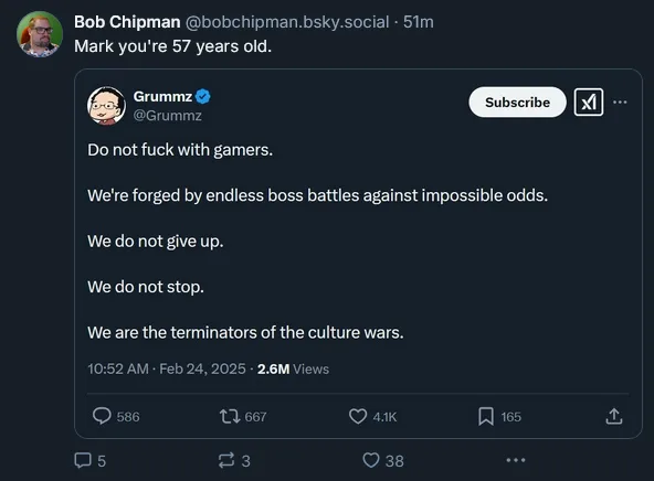 A screenshot of a social media post by 'Grummz' with a dark theme, showing a text overlay that reads 'Do not fuck with…
