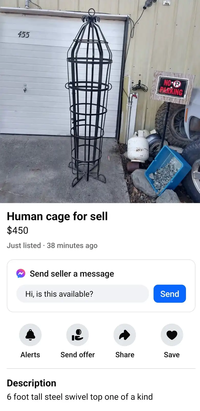 An image of a tall, black metal garden cage stands in front of a garage door, with a 'NO PARKING' sign nearby. The overlaid…
