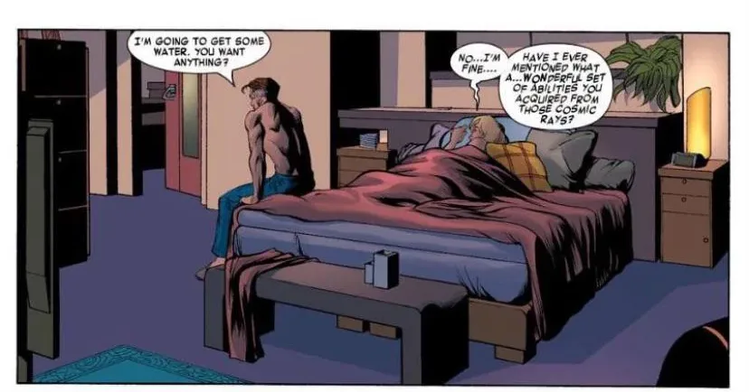 A comic panel shows a shirtless man sitting on the edge of a bed, asking his partner if they want anything before getting…