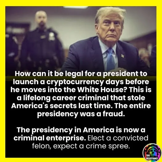 A photo of Donald Trump seated in a courtroom, looking serious, with a blurred police officer in the background. Overlaid…
