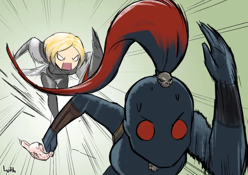 A blonde anime-style character with a determined expression lunges forward, grabbing the red ponytail of a large…