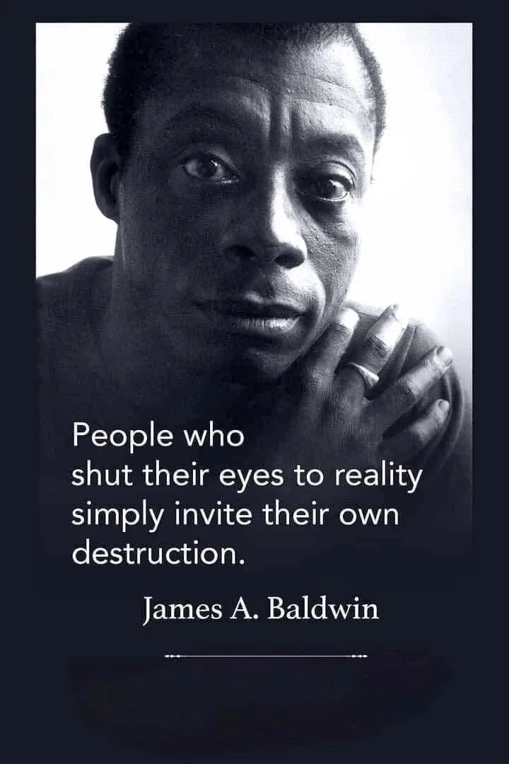 A black-and-white portrait of James A. Baldwin, looking directly at the viewer with a serious expression, his hand resting…