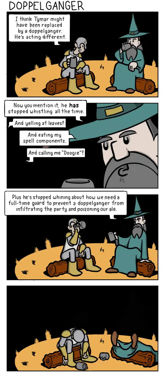 A four-panel comic titled 'DOPPELGANGER' shows two fantasy characters, a knight and a wizard, sitting on logs at night. The…