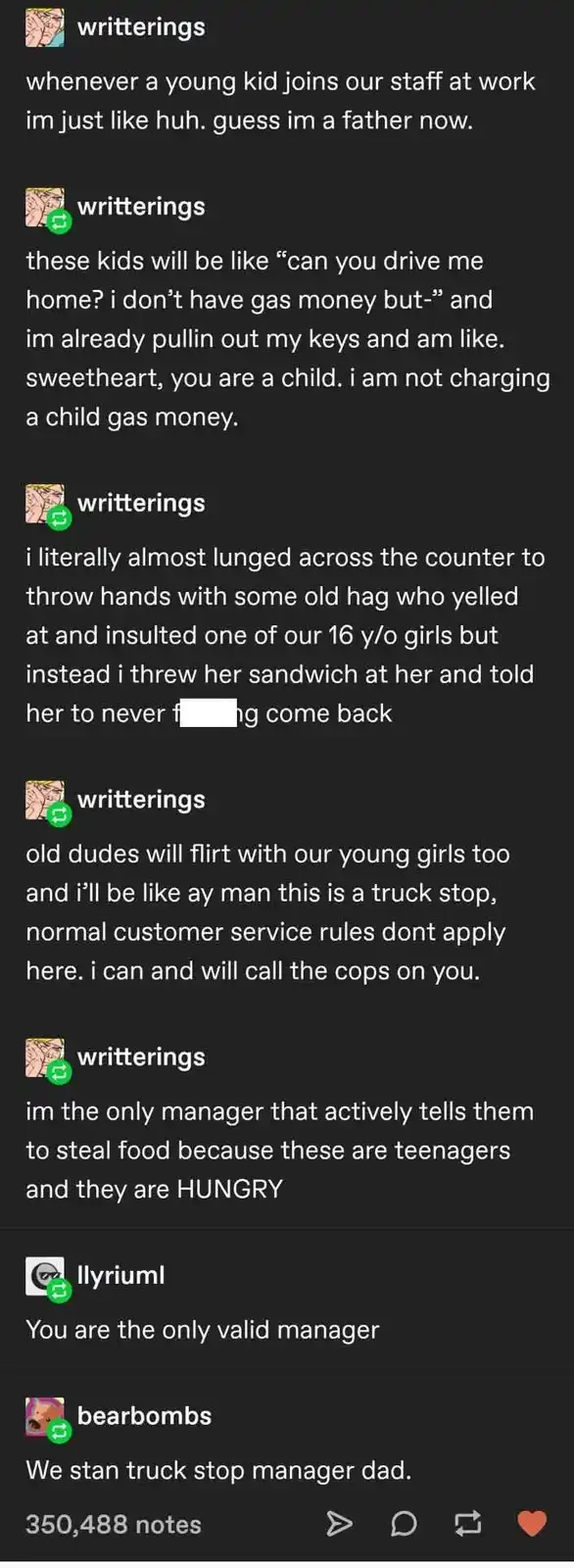 A screenshot of a social media thread where a user named 'writterings' recounts humorous and exaggerated anecdotes from…