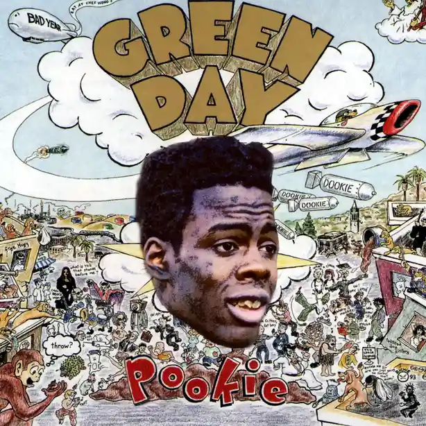 The image is the cover art for Green Day's album 'Dookie,' featuring a chaotic, cartoonish scene with airplanes, people, and…