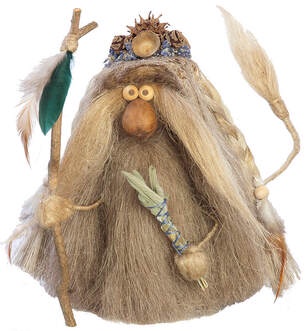 A whimsical, handmade-looking figurine resembling a wizard with long brown yarn hair, a wooden nose, and twig-like arms…