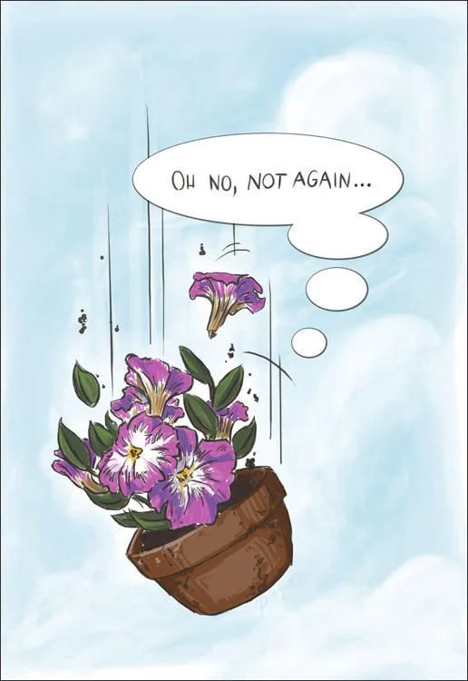 A cartoon illustration shows a potted plant with purple flowers floating in the sky, with one flower already falling away…