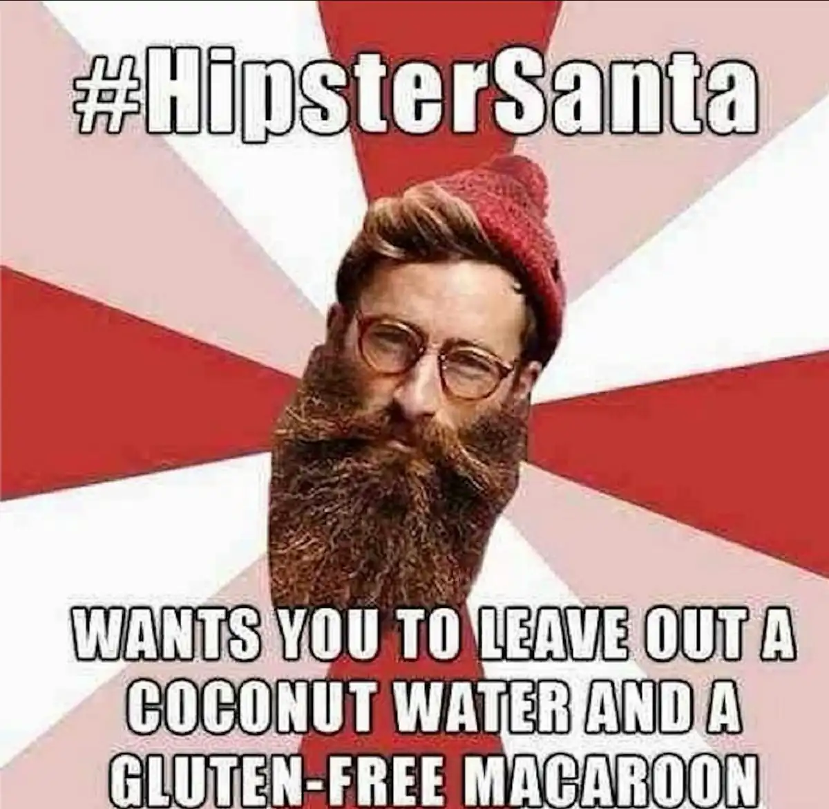 A man with a full beard, glasses, and a red knit beanie is centered against a red and white radiating background. The text…
