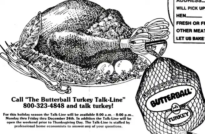 A vintage black-and-white Butterball turkey advertisement shows a large roasted turkey on a platter with utensils and two…